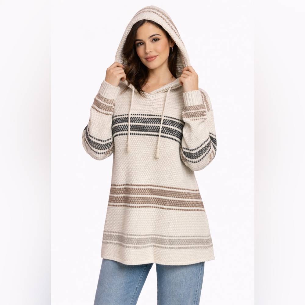 Pazzo Vintage 90s Hooded Knit Sweater Cream Striped Cozy Pullover